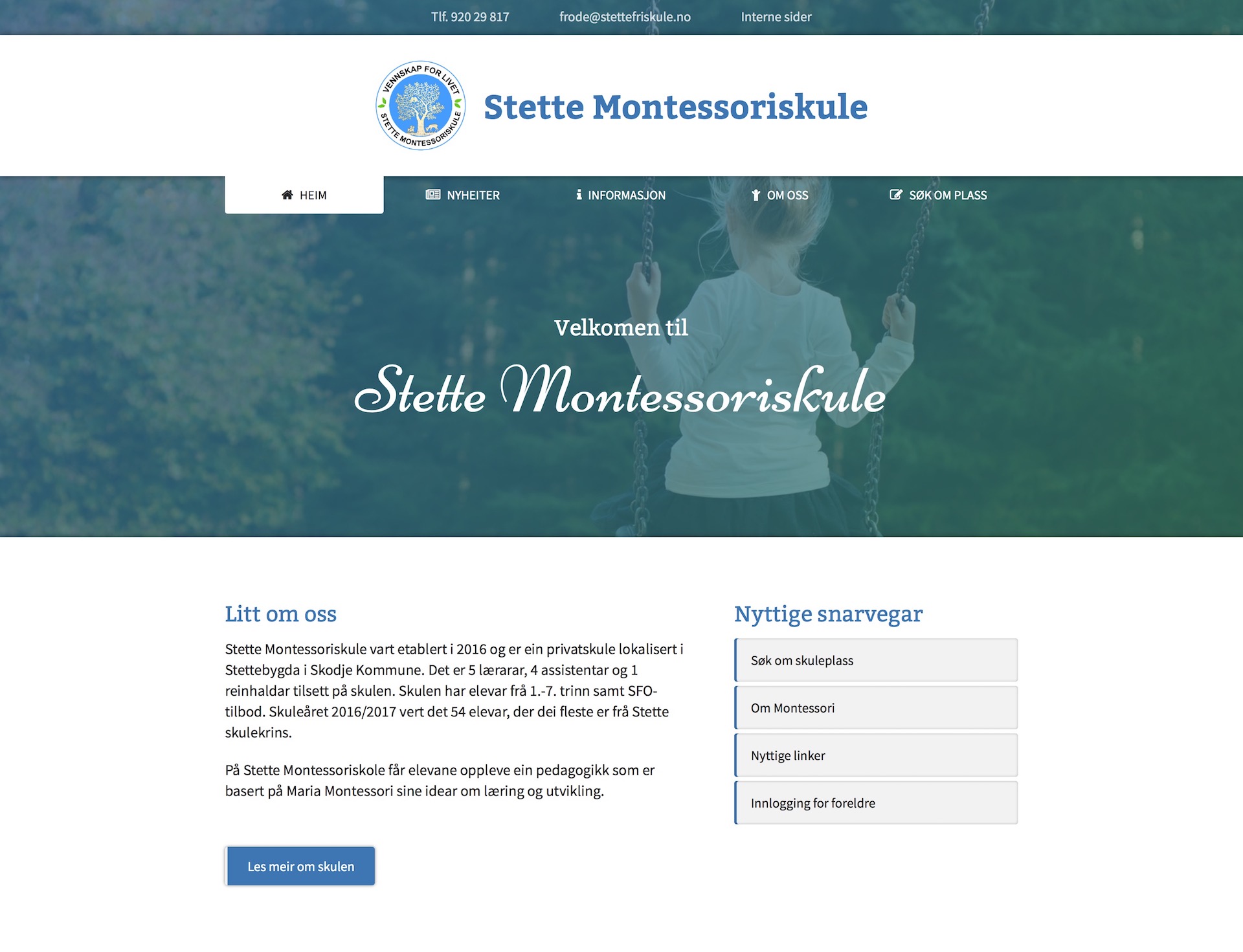 Stette Montessoriskule er en privatskole lokalisert i Stettebygda i Skodje Kommune, hvor elevar frå 1.-7. trinn får oppleve en pedagogikk som baserer seg på Maria Montessori sine idear om læring og utvikling. På dere nye nettside får dere nyheter og bilder fra skolen, og vi har også laget passordbeskyttede interne sider med informasjon til foreldre.