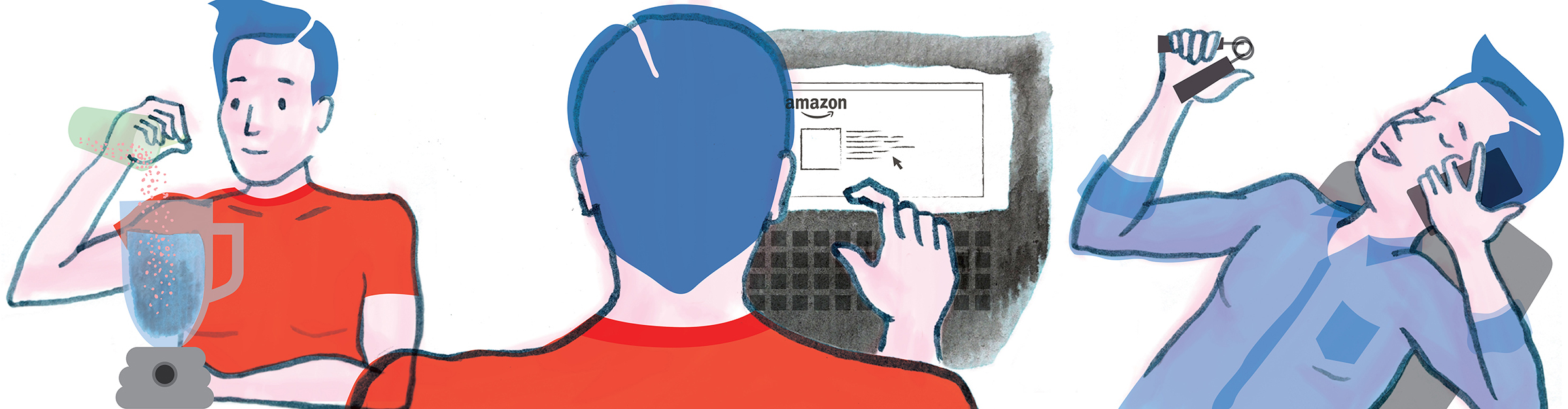 Header image featuring woman eating, sleeping, and working out