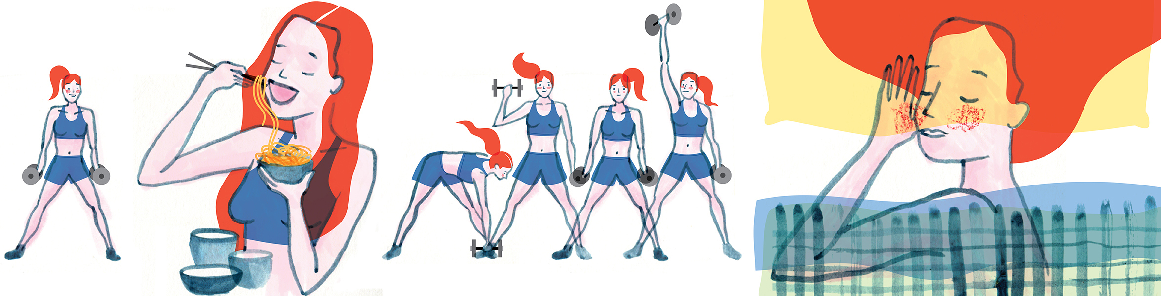 Header image featuring woman eating, sleeping, and working out