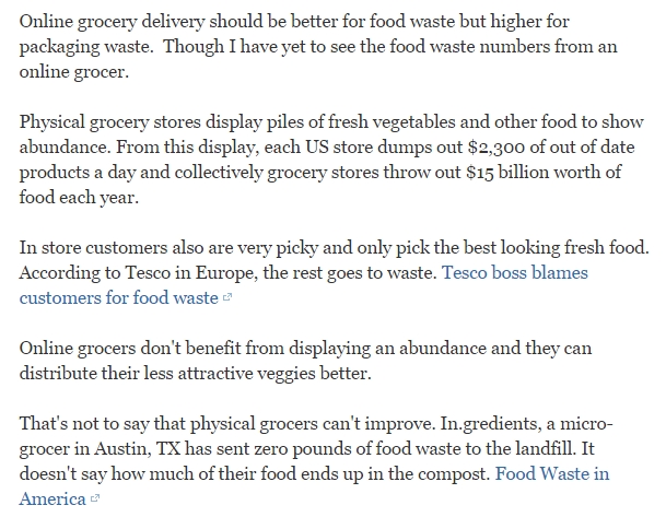 How do online grocery delivery services affect the percent of food that goes to food waste