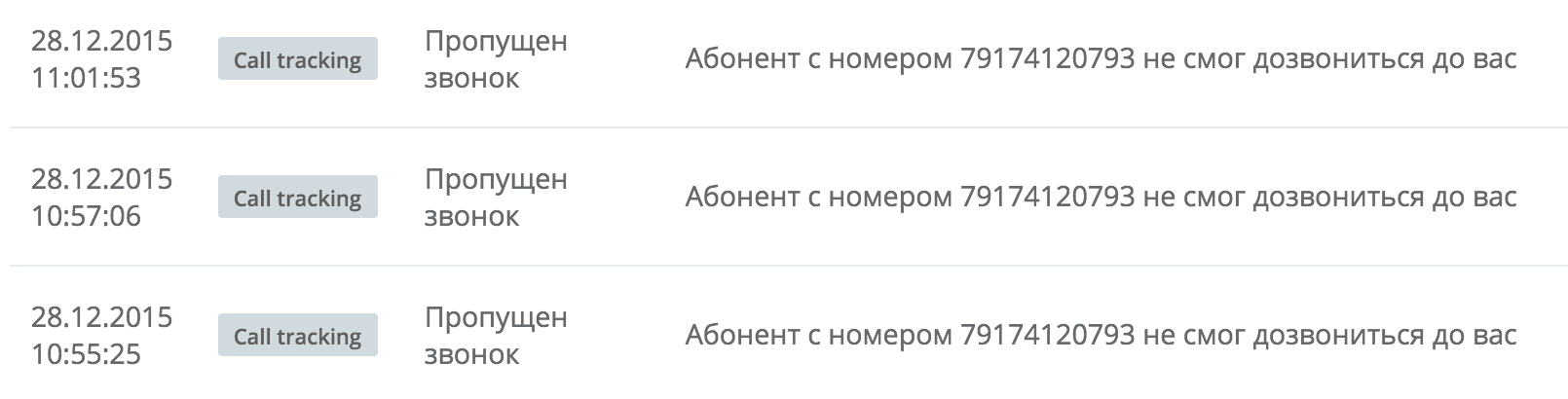 Пропущенный звонок в уведомлениях