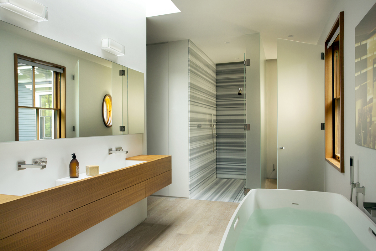 Boston Architect BUTZ + KLUG, Brookline Modern Renovation, Bath, linac marble