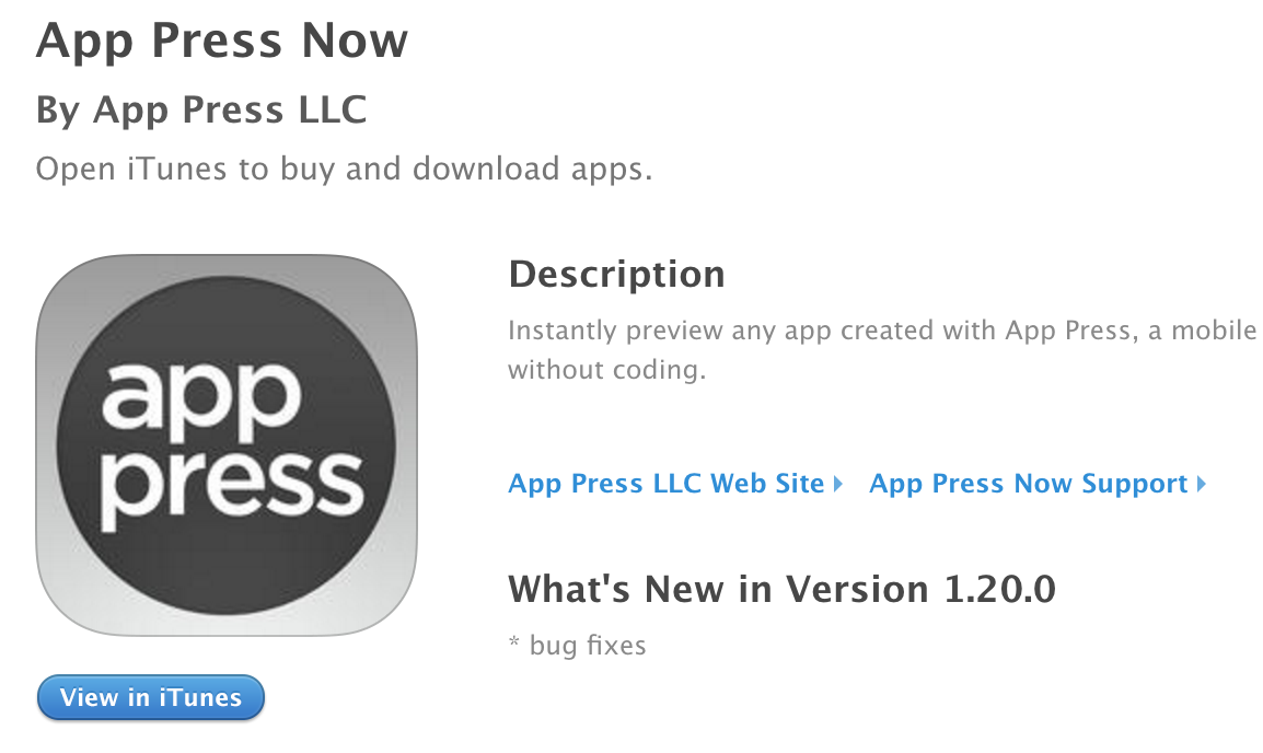 Publishing apps privately using a unique URL viewed in App Press Now.
