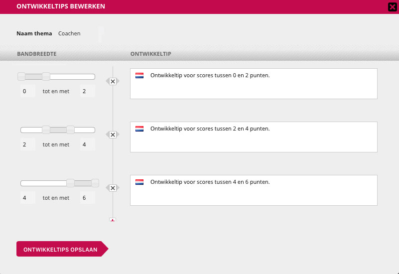 Screenshot van de beheeromgeving: bandbreedtes instellen met ontwikkeltips.