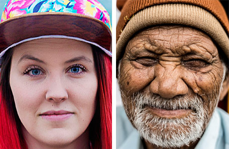 Person A - Young girl with bright red dyed hair, Person B an older man with lots of wrinkles and a tuque.
