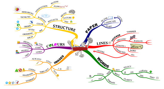 Mind map with ideas connected by lines and colours