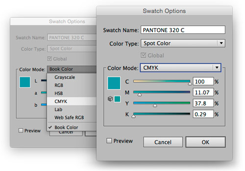 Illustrator screenshot of swatch options menus
