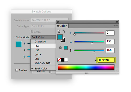 Illustrator screenshot of swatch options and color menu.