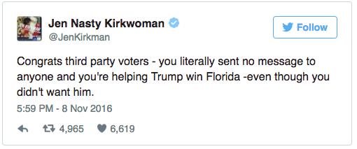 Tweet Message saying: Congrats third party voters - you literally sent no message to anyone and you're helping Trump win Florida -even though you didn't want him.