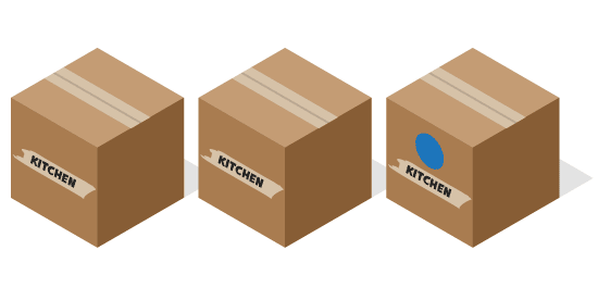 Graphic of three boxes with kitchen written on the side. One box has a blue circle.