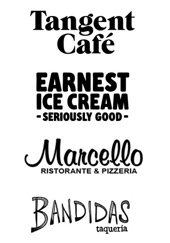 Tangent Cafe, Earnest Ice Cream, Marcello, and Bandidas logos