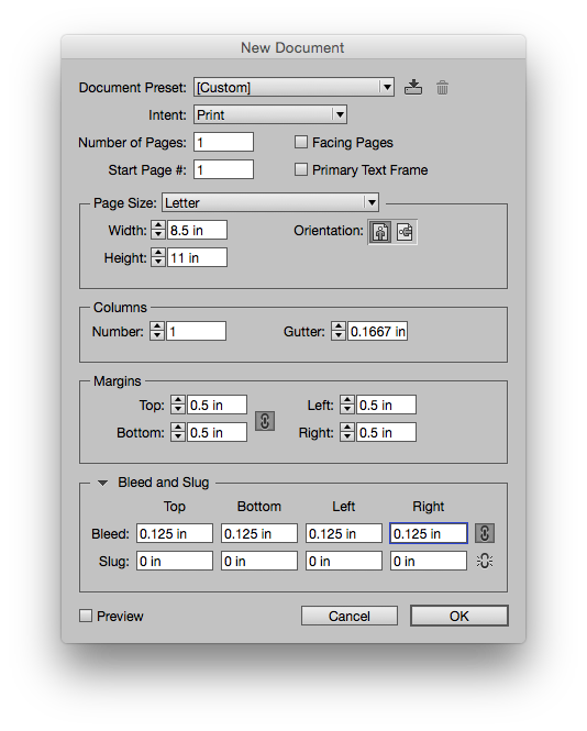Indesign new document settings dialogue window