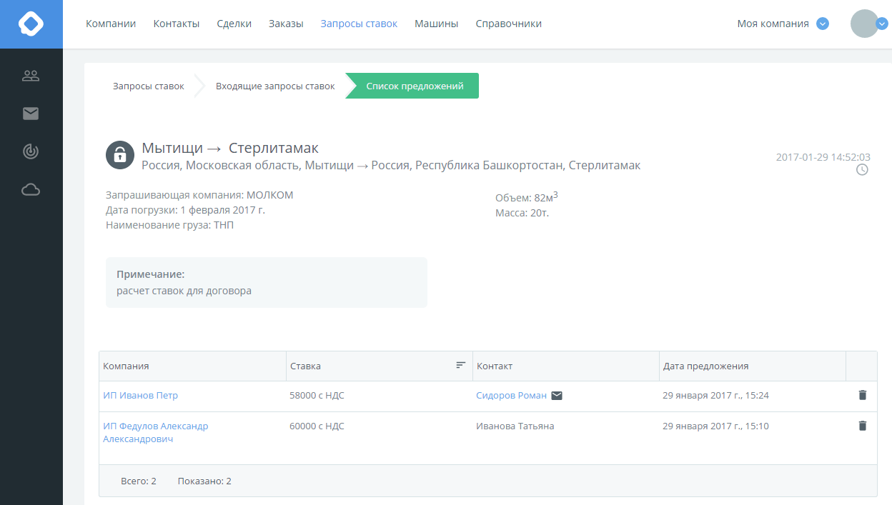 Список предложений перевозчиков и экспедиторов по запросу ставки