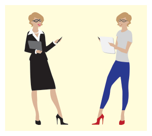 woman in suit vs woman in casual jeans and shirt