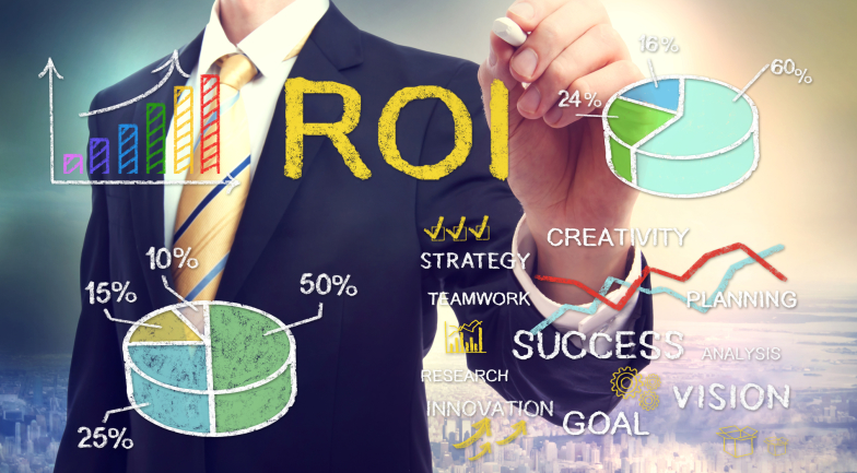 Business man writing ROI of UX with various stats on a window