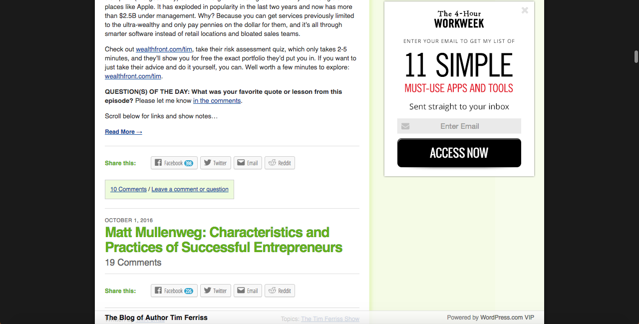 Tim Ferriss homepage UX example