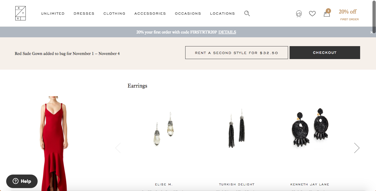 Rent the runway page selling dresses with other pairings as a great user experience example