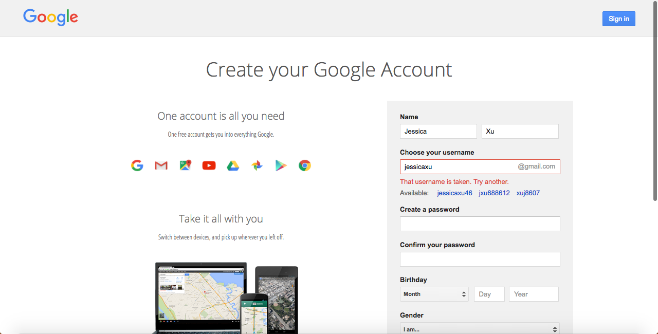 gmail signup page