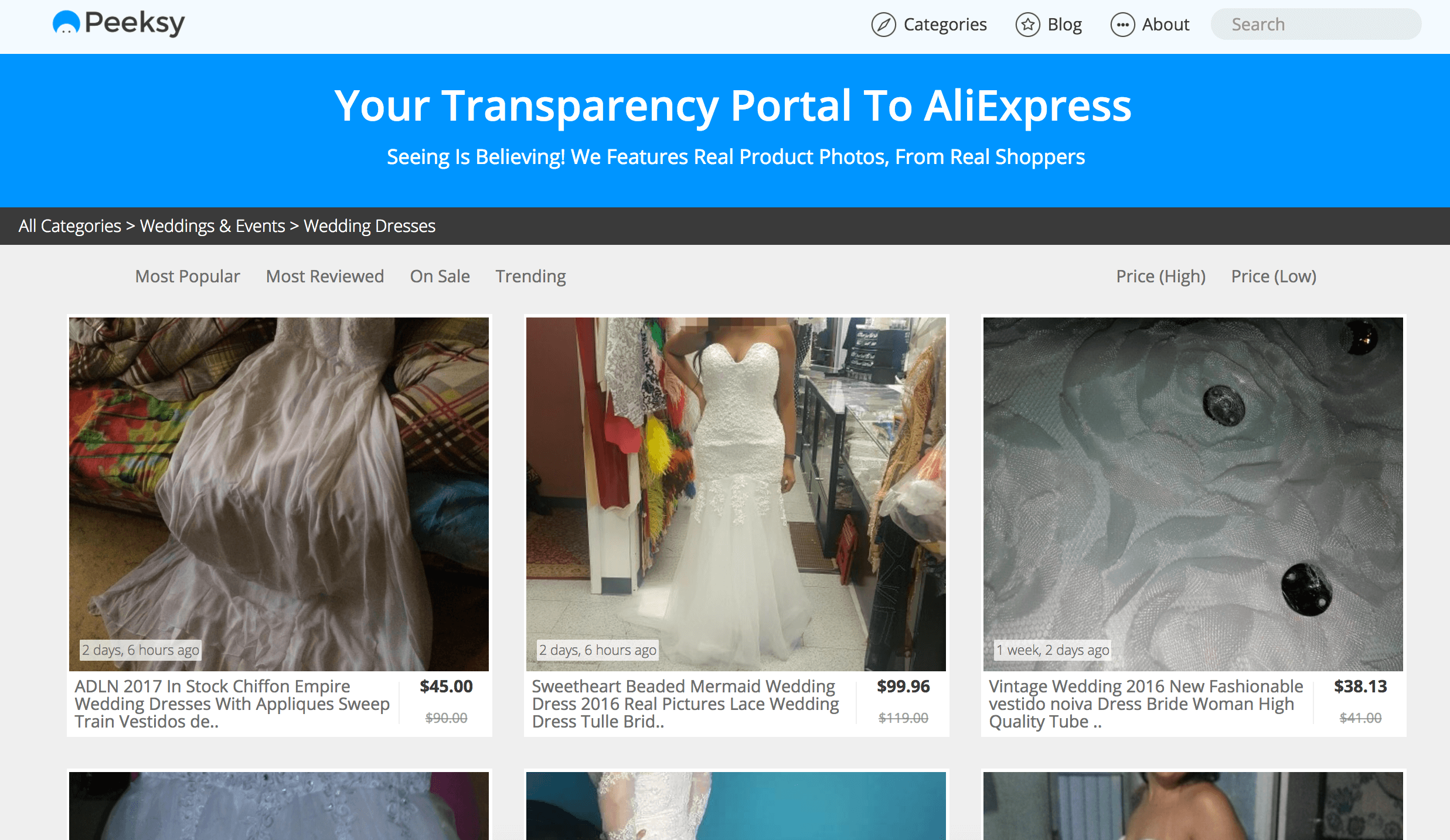 wedding dresses section on Peeksy with reviews