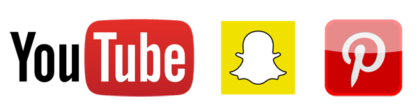 You Tube, Pinterest and Snapchat logos