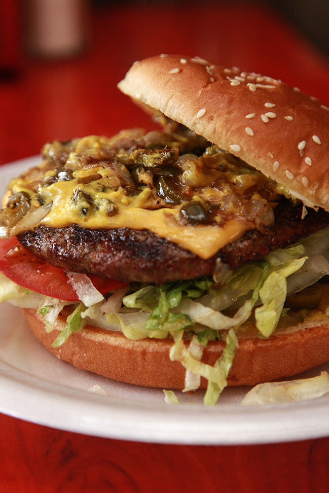 The Barn Burner is one of Hatfield’s already delicious burgers, covered in raw jalapenos and onion as well as grilled jalapenos and onions. (Photo: Marc Rains)