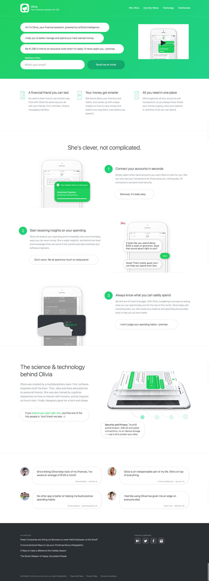 Olivia AI's app website template