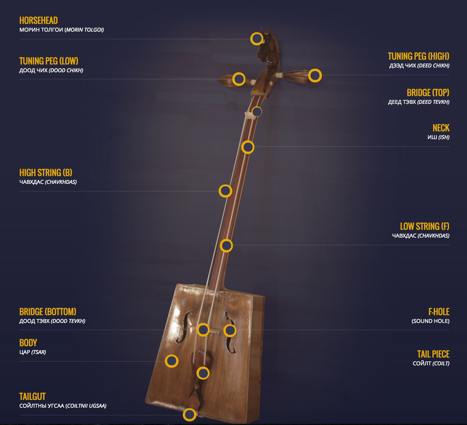 Infographic explaining the horsehead fiddle's various parts