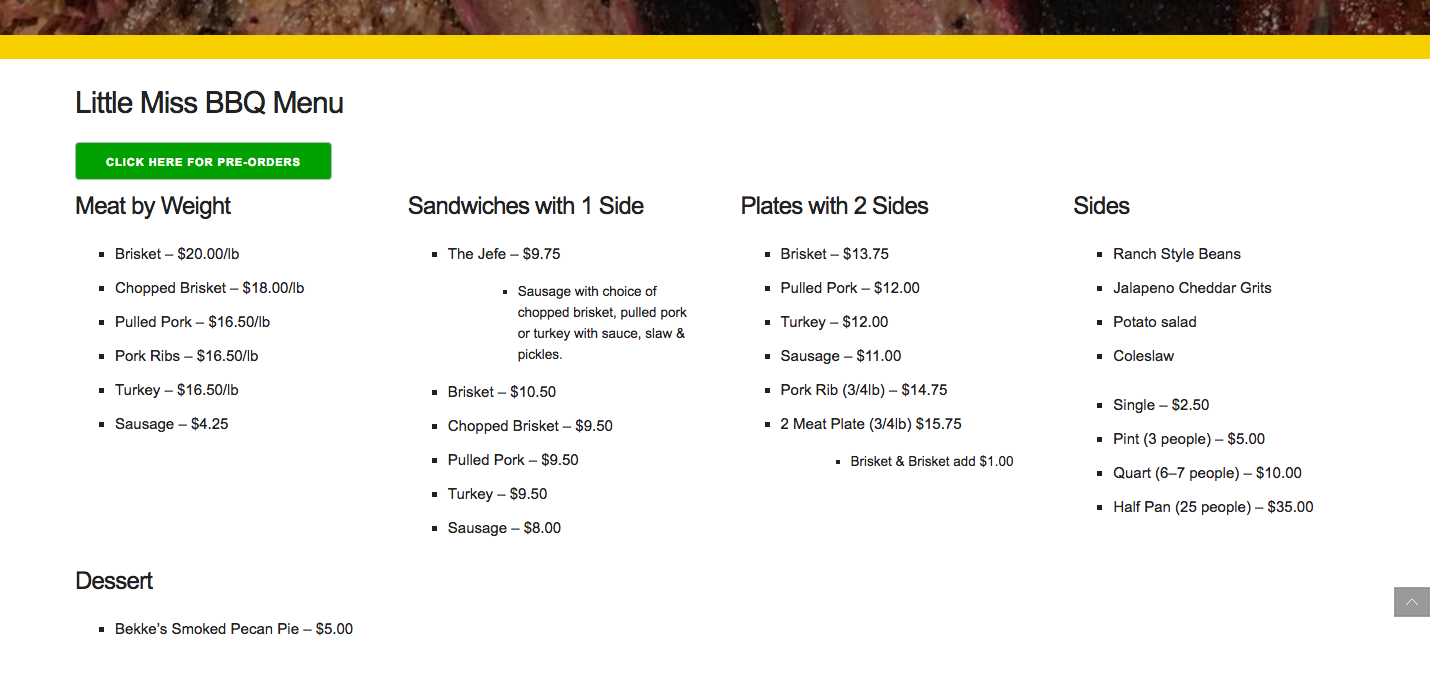 The menu section of the Little Miss BBQ website.