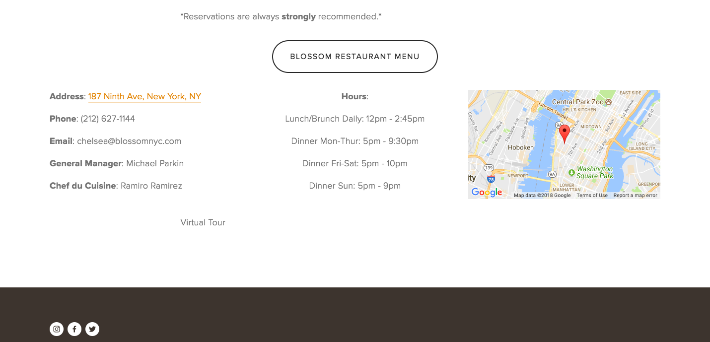 Blossom Restaurant's contact page listing their information and hours beside a google map showing their location.