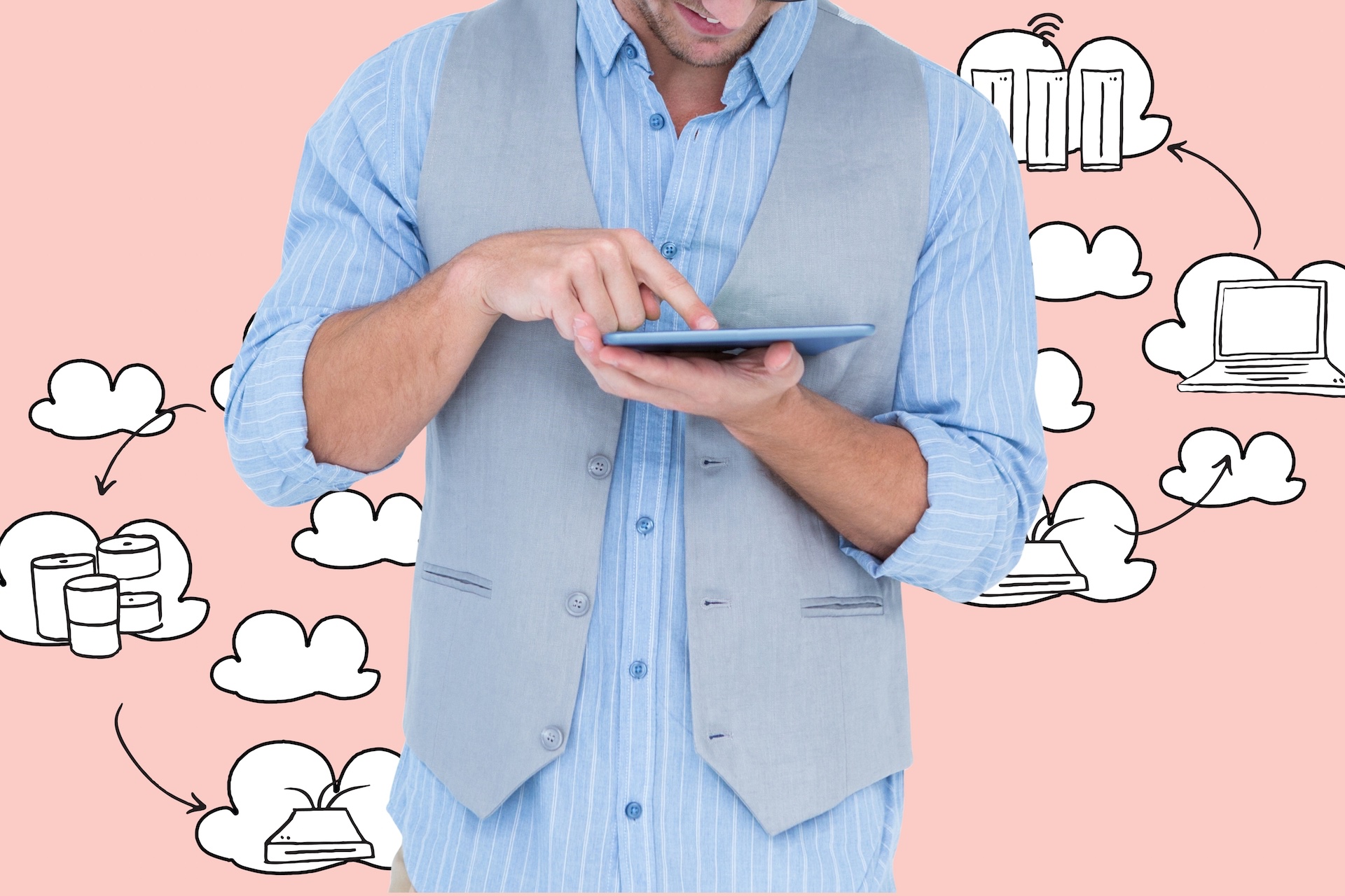 Man In Shirt And Waistcoat Using Tablet