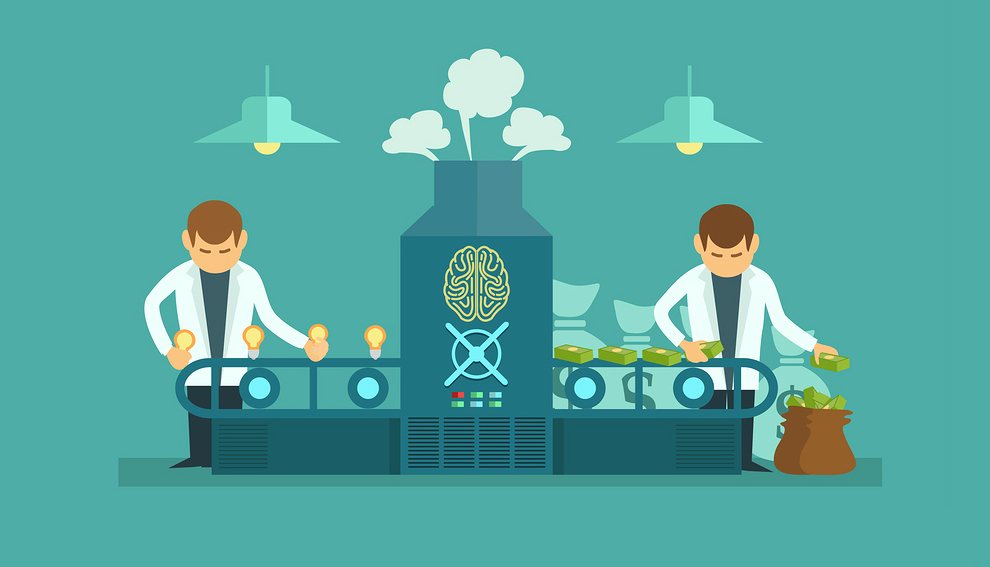 An image of people stacking ideas onto a machine learning conveyor belt, and money coming out the other end