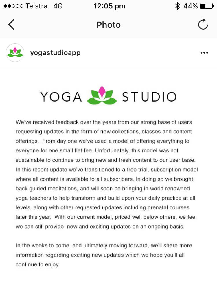 Yoga Studio App explanation of subscription fees