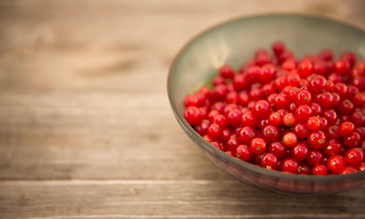 Bowl of red berries on a table