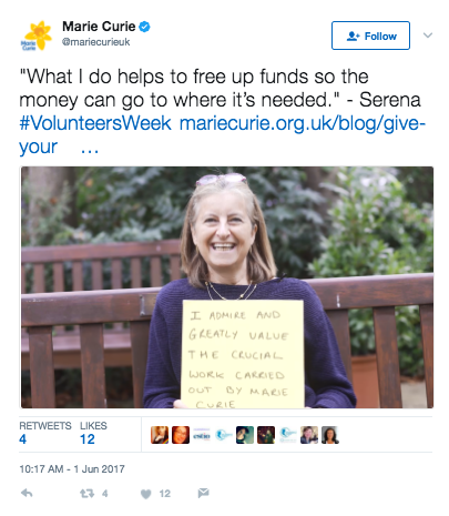 Tweet from Marie Curie charity