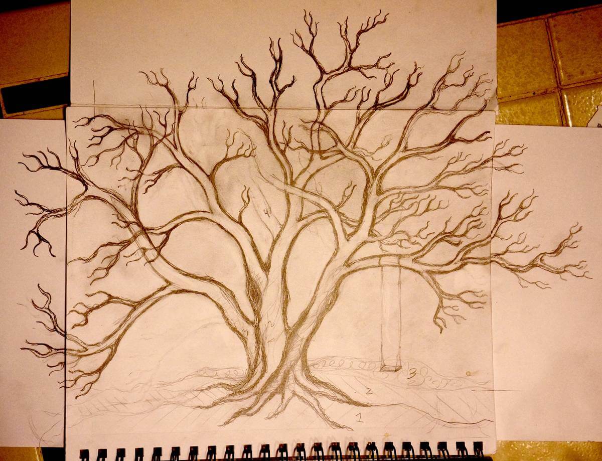 Original sketch for metal snow laden tree sculpture