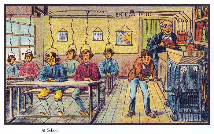 Gravura francesa da escola do futuro com crianças usando capacetes que passam o conteúdo para suas cabeças.
