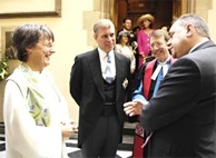 Rev. Shielagh Kesting, Moderator, with HRH Prince Andrew and Alex Samond wearing the green stole gifted by Alison Elliot.