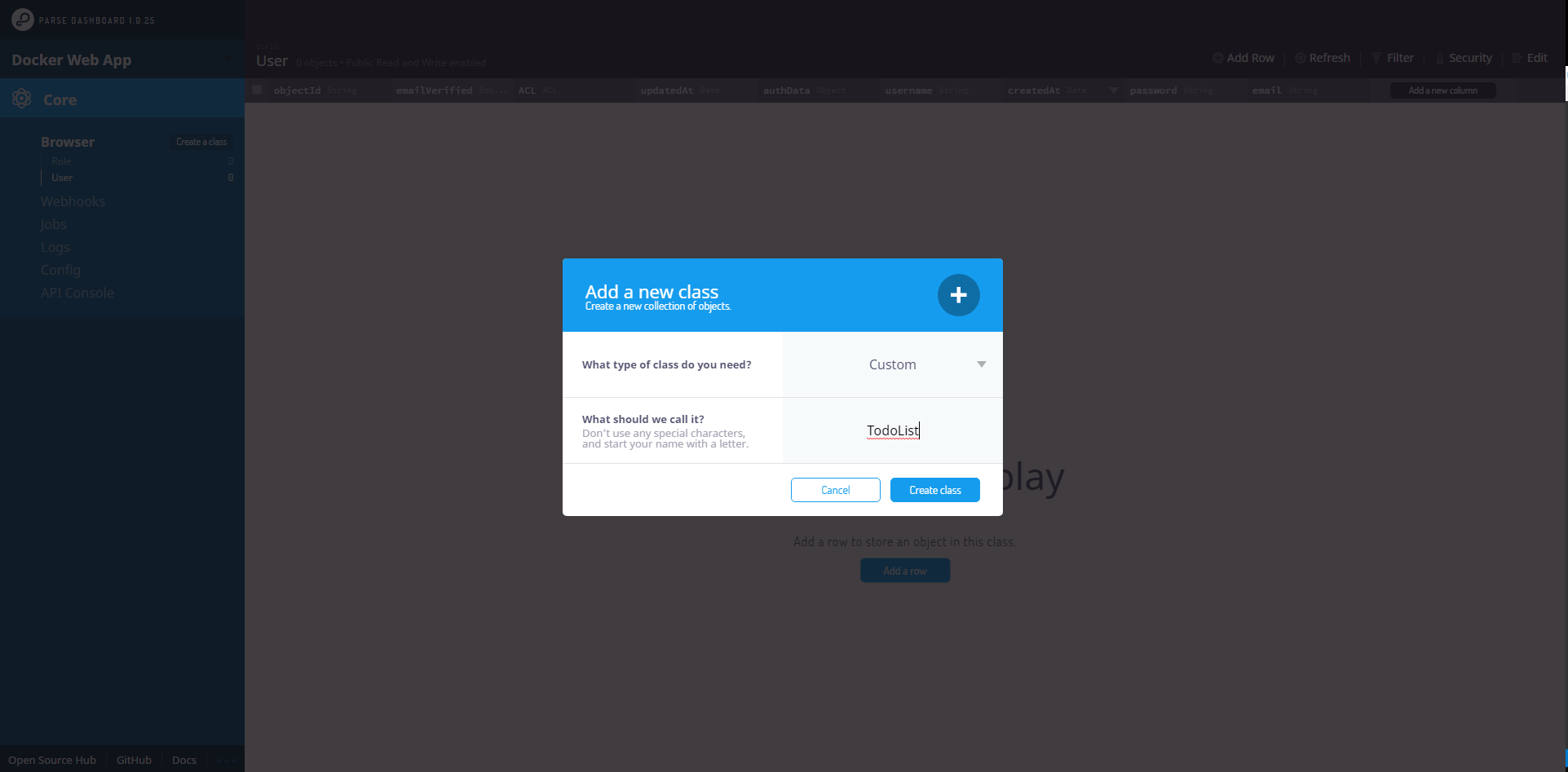 parse dashboard ajout d'une classe
