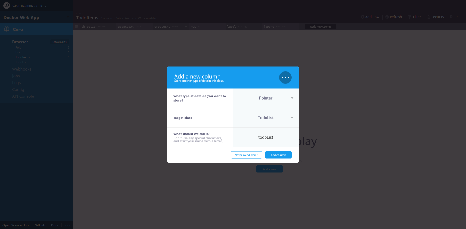 parse dashboard ajout d'une colonne avec relation