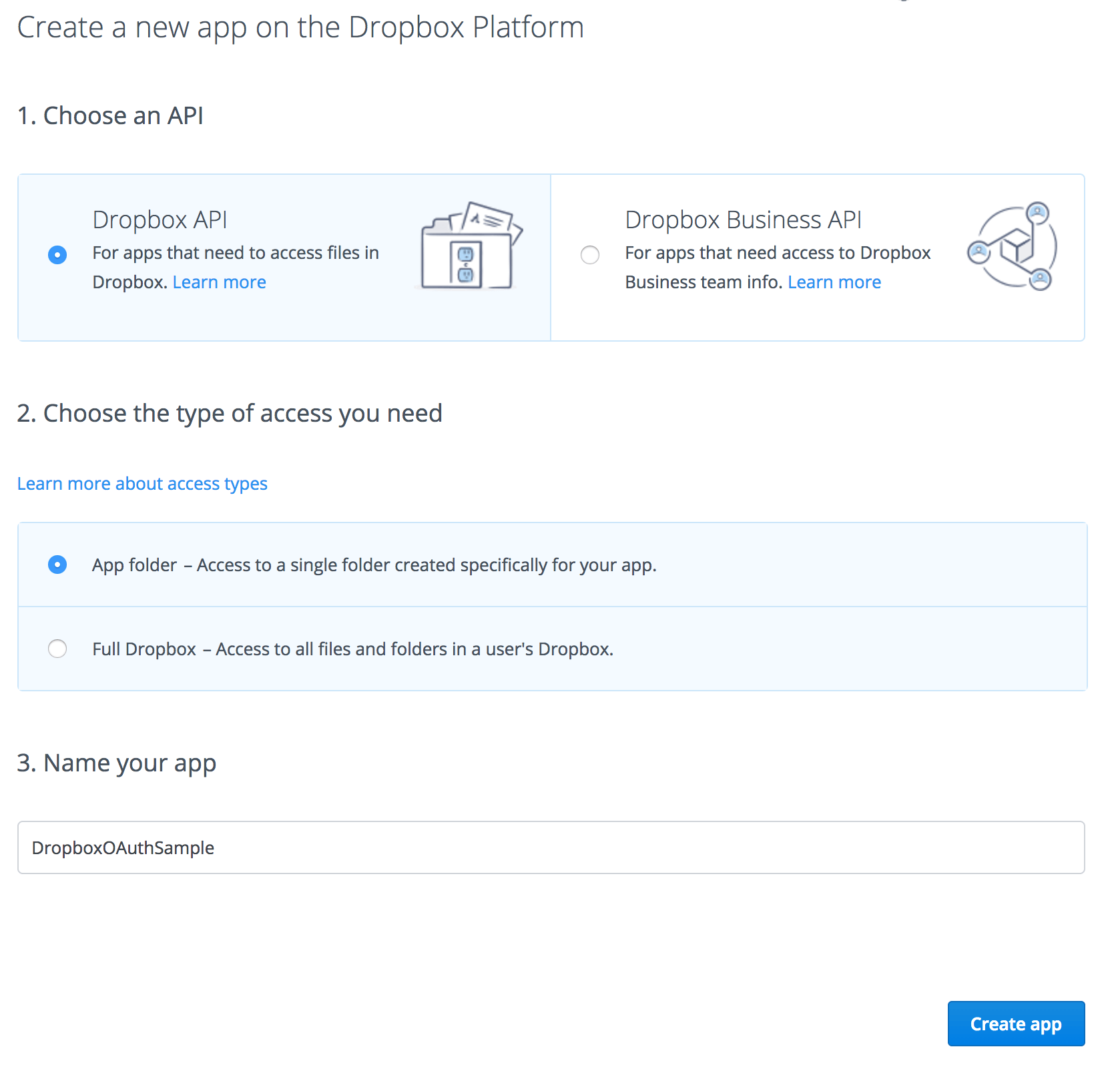 créer une application dropbox