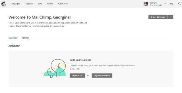 Mailchimp welcomes with a personal message and a simple two-choice signpost
