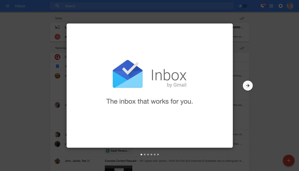 Google Inbox's walkthrough modals - step 1