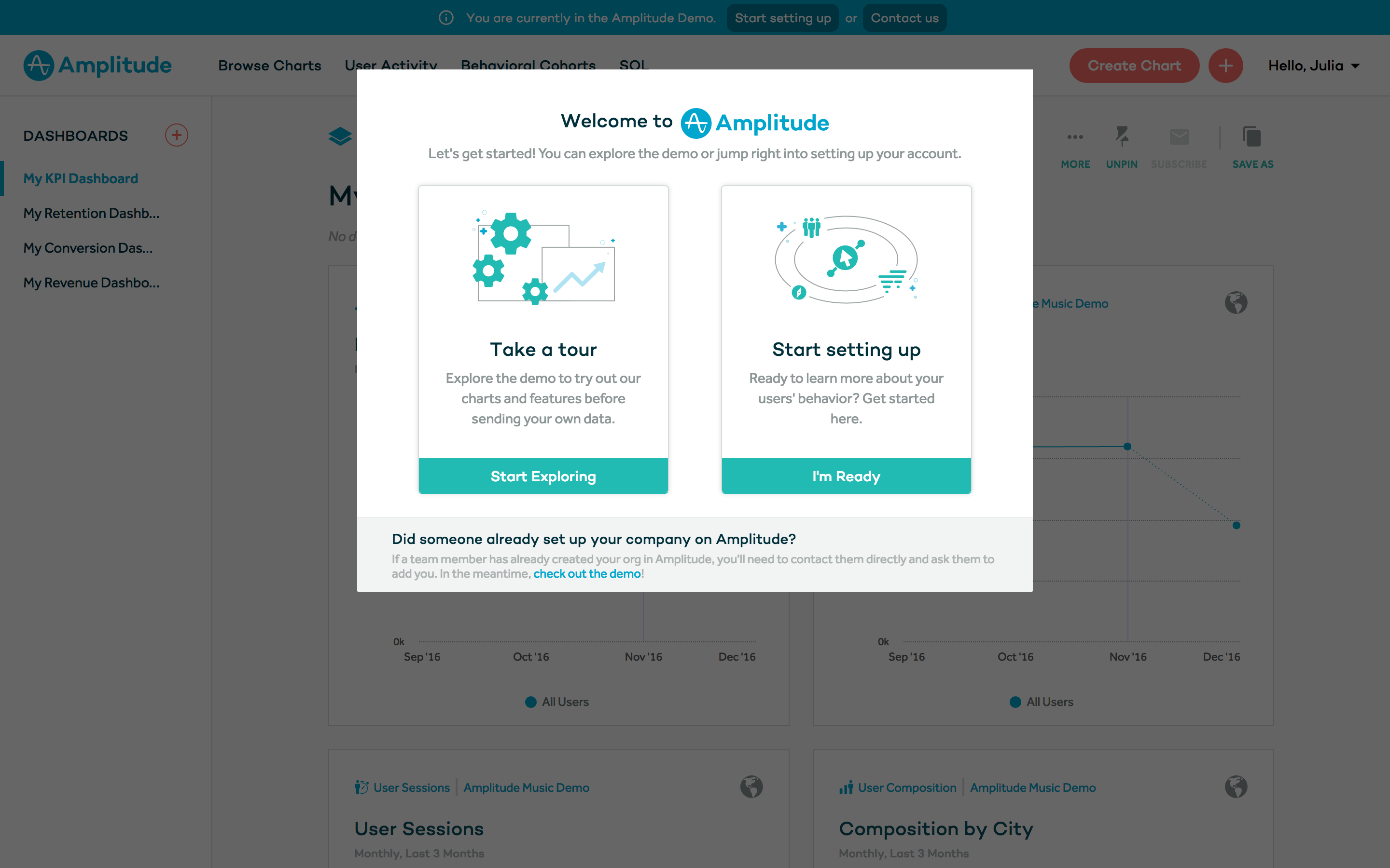 amplitude welcome modal product demo