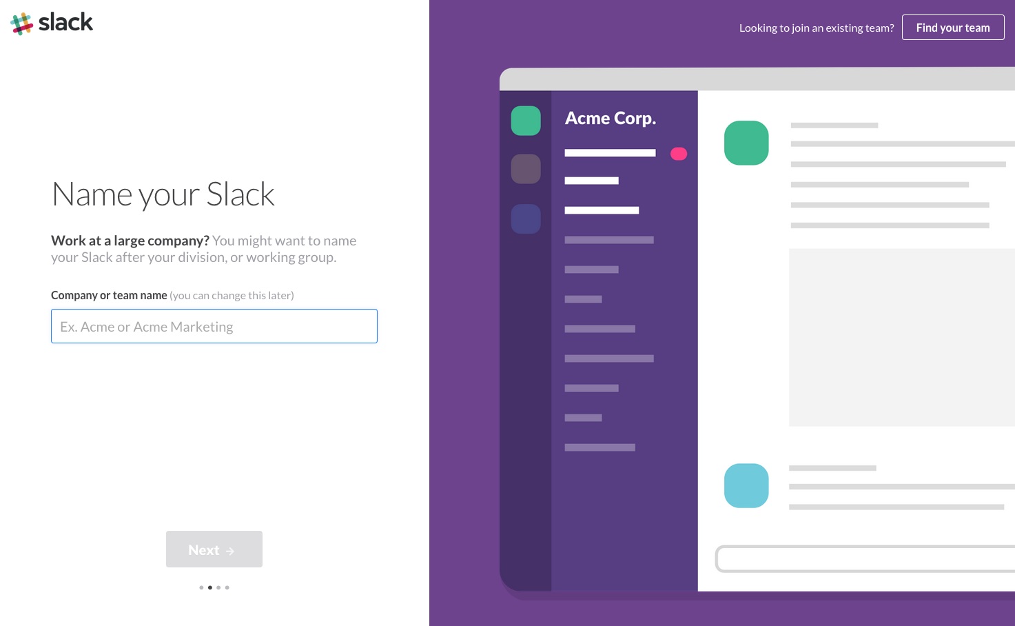 Slack new onboarding team name step