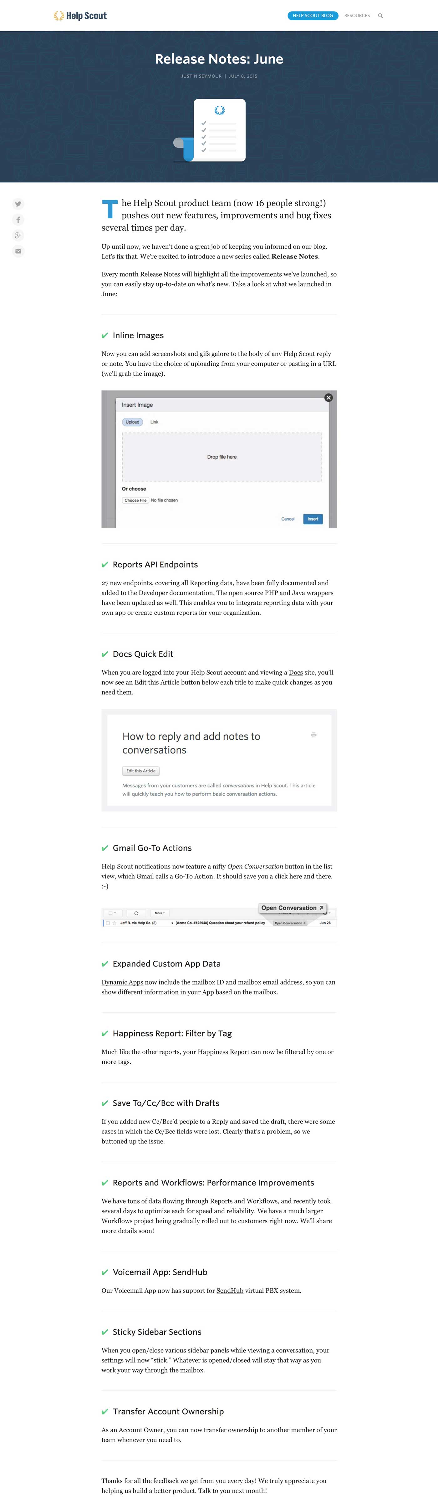 Help Scout's release notes example