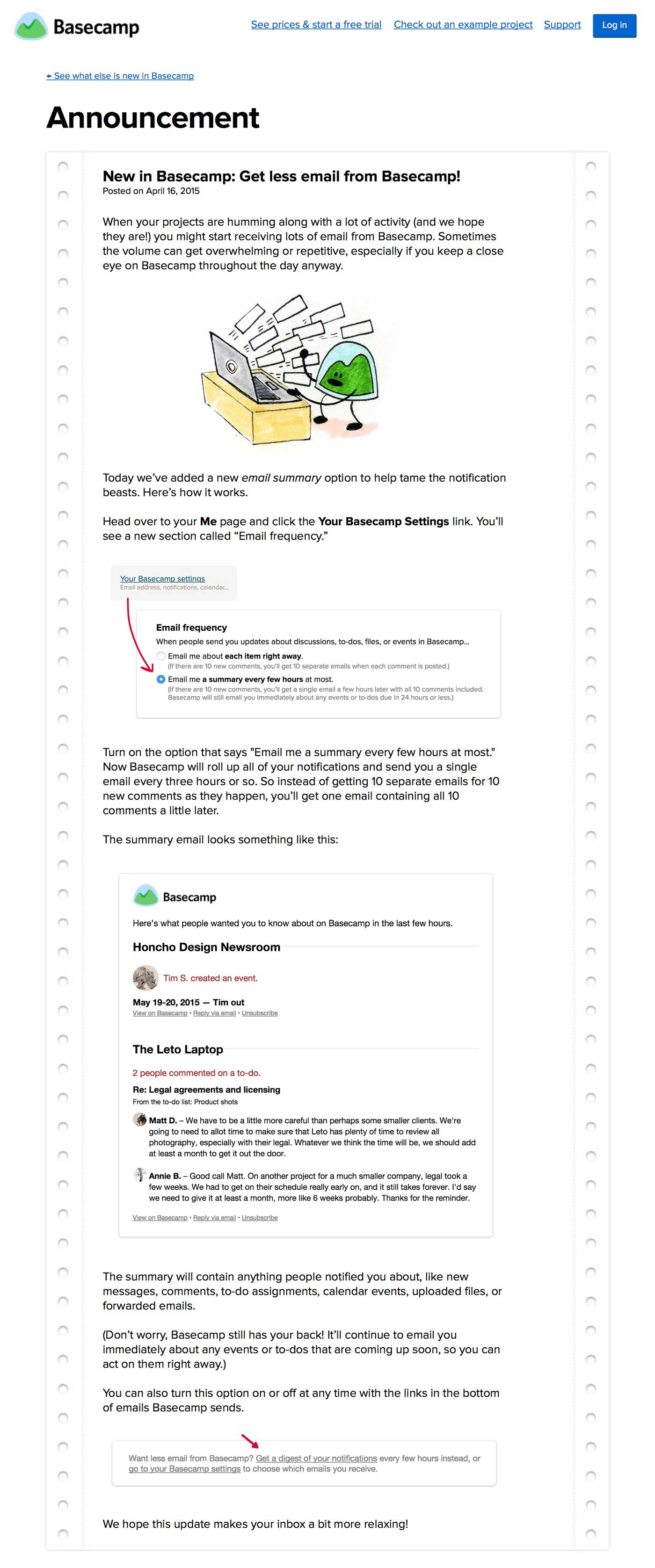 Basecamp new feature announcement blog post