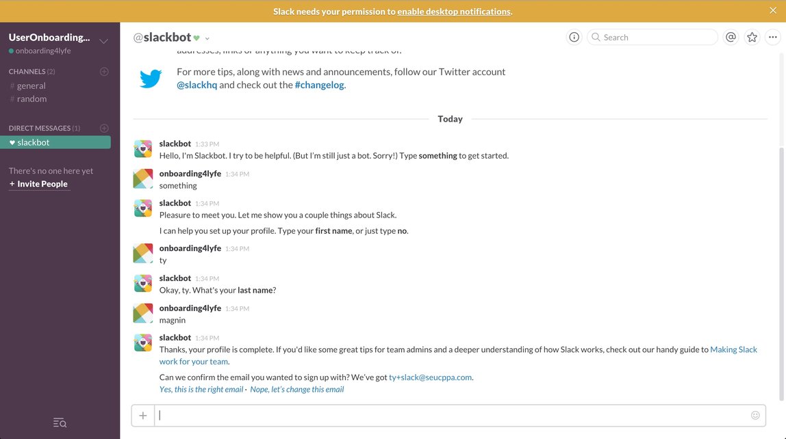 Slack user onboarding via Slackbot