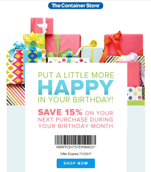The Container Store's birthday email for customer retention