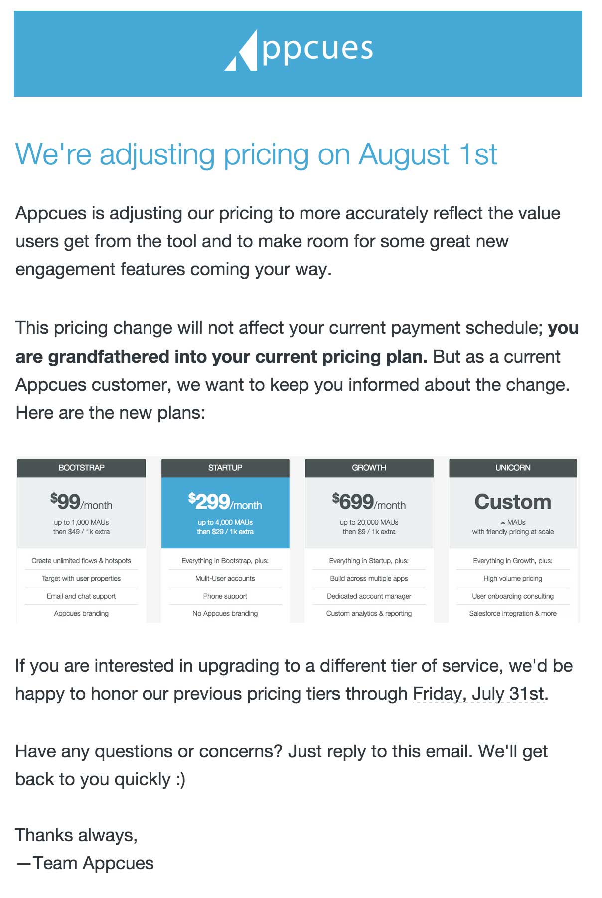 Price increase email to customers