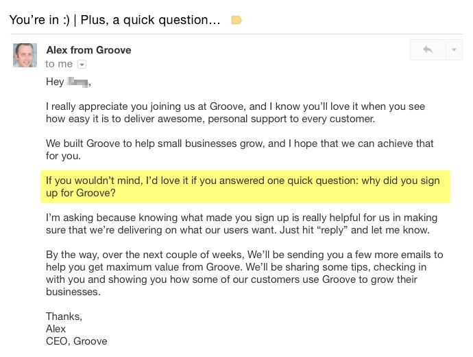 Groove Founder Alex Turnbull Onboarding Email
